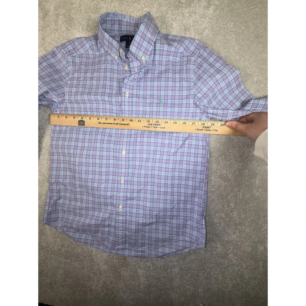 ralph lauren boys large 14-16 blue pink plaid long sleeve‎ button up